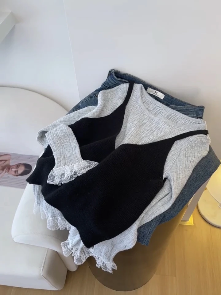 法式甜美蕾丝拼接针织衫搭配吊带背心女秋季减龄小个子上衣两件套