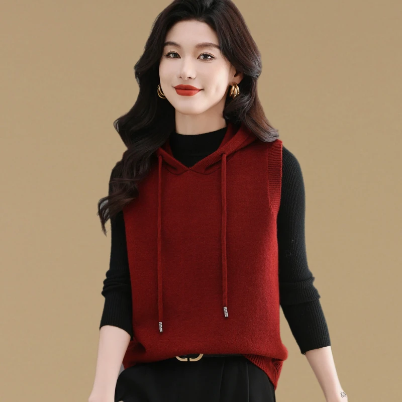 时髦针织马甲背心女春秋带帽卫衣叠穿帽衫小个子无袖坎肩连帽毛衣