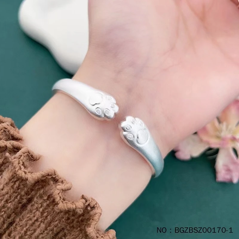 足银手镯 足银999实心猫爪平安喜乐开口素银时尚开口手镯民族风