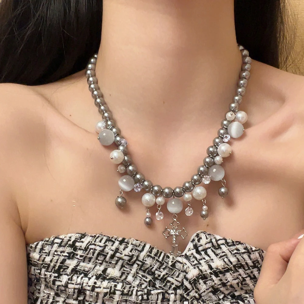 合金项链 X0129甜美轻奢镶锆十字架灰珍珠猫眼石吊坠锁骨链女小众