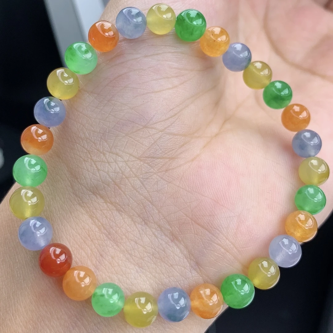 缅甸A货翡翠彩虹色多宝圆珠手链手串单圈T卡6+mm