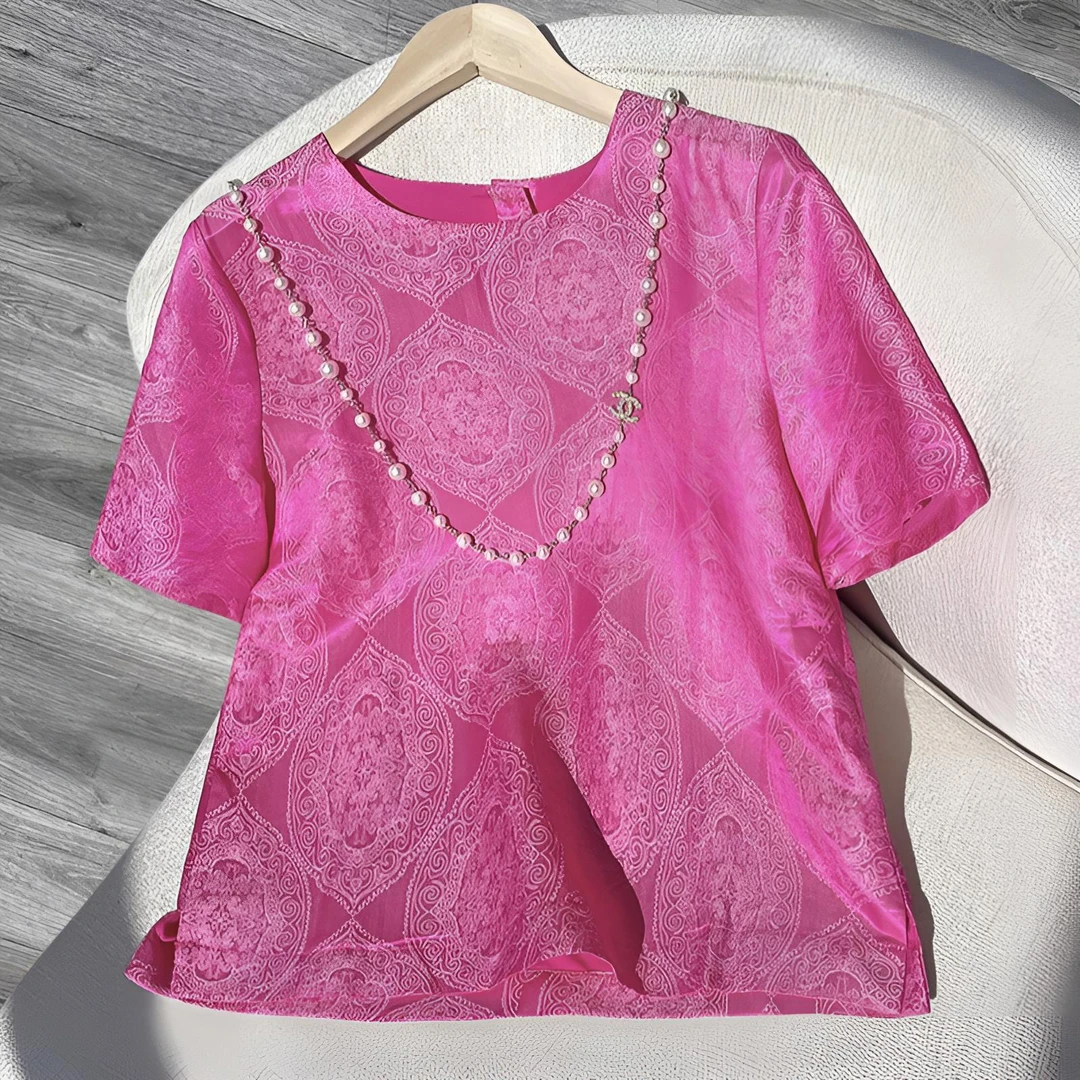 《董家出品》夏季气质圆领前后穿百搭套头桑蚕丝提花衬衫