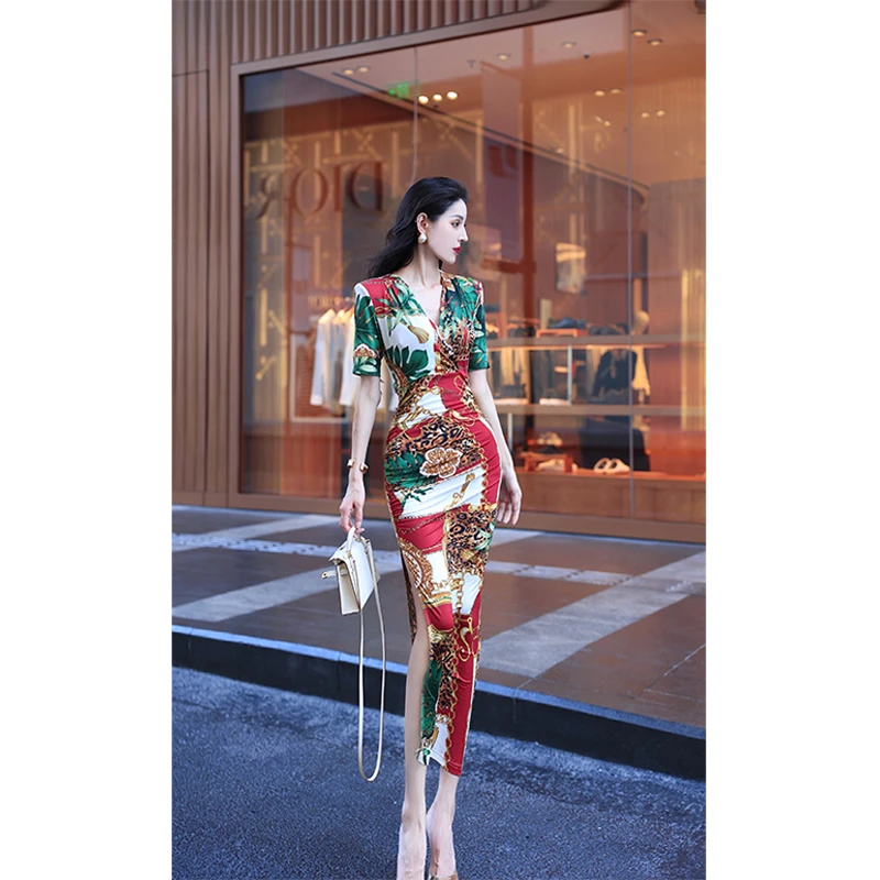 尤克菲儿 原创高定设计冰丝印花气质优雅修身开叉连衣裙