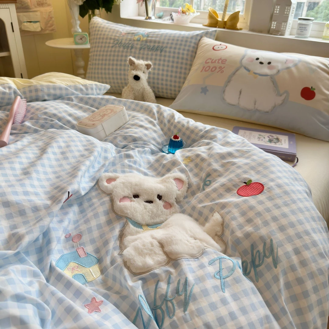 猫咪日记卡通可爱贴布绣水洗棉四件套床单被套学生三件套软糯床品