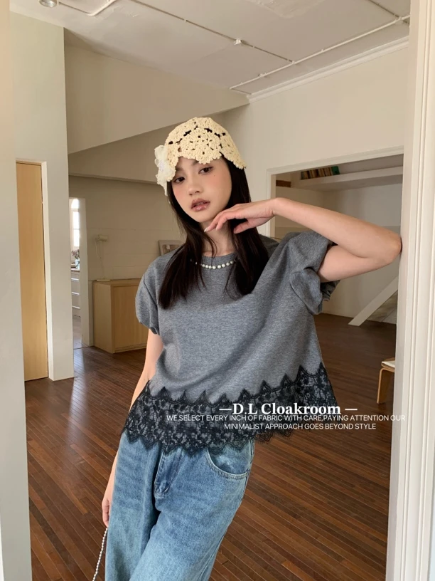 DL#81613春季新款重工钉珠拼接蕾丝短袖上衣，衣长：55cm