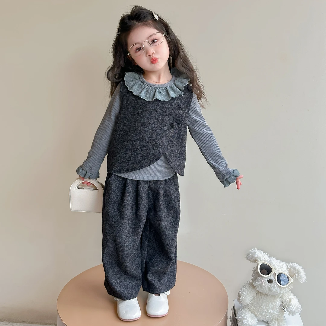 女童春秋款套装2025新款女宝宝娃娃领马甲秋装儿童洋气时尚三件套