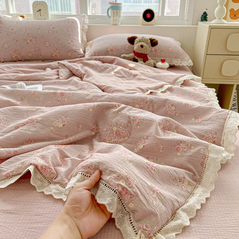 皱皱纱床单款夏凉被四件套韩版床上用品空调被子被芯夏被花边薄款