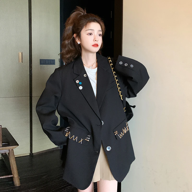黑色刺绣西装外套女2025春秋设计感小众时尚洋气炸街韩版西服上衣