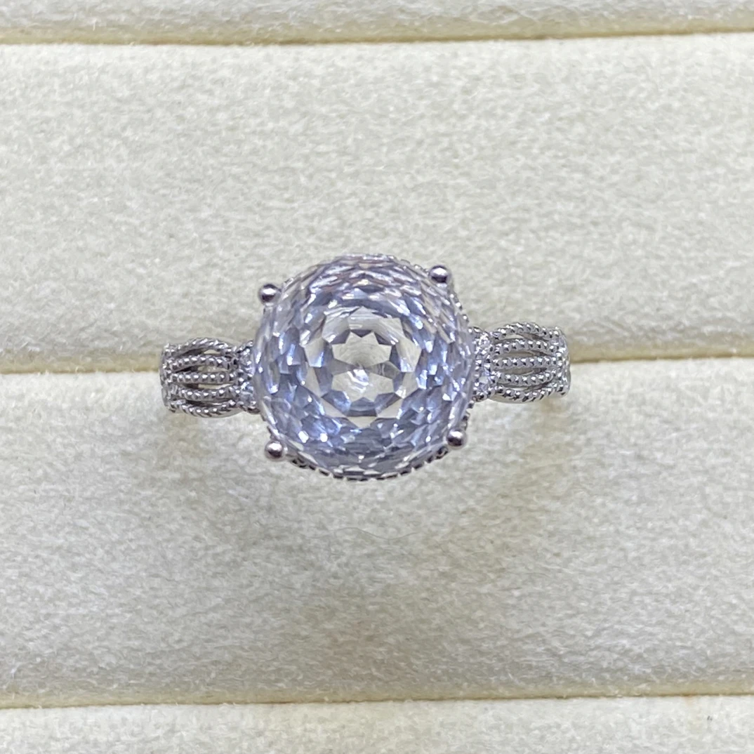 玫瑰花切工 天然白水晶戒指s925银 主石10mm 大方精致气质百搭XS