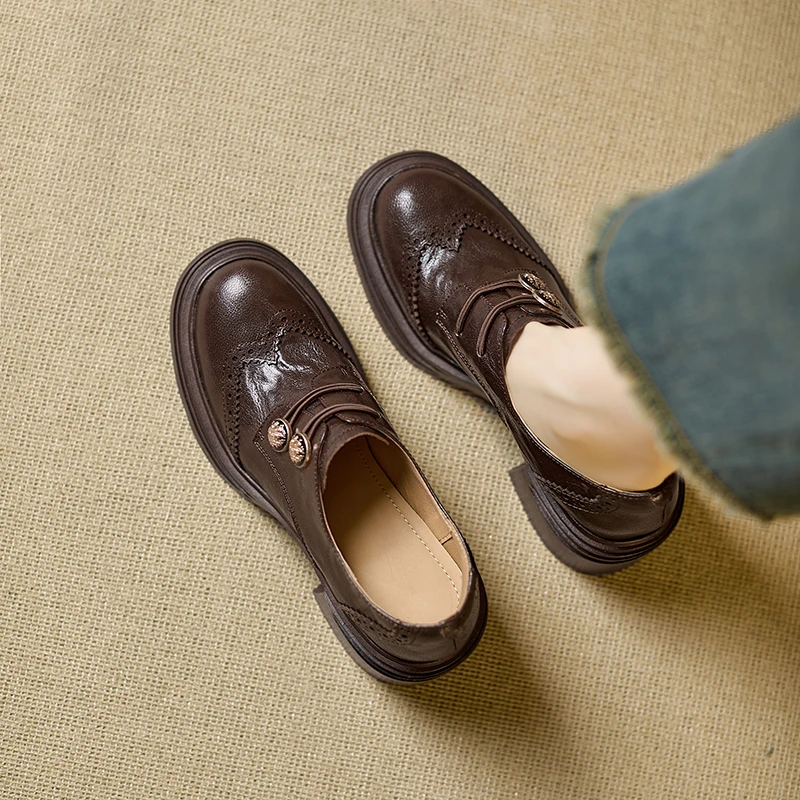 7cm超静音~新款真皮单鞋女粗跟小皮鞋布洛克小个子厚底复古乐福鞋