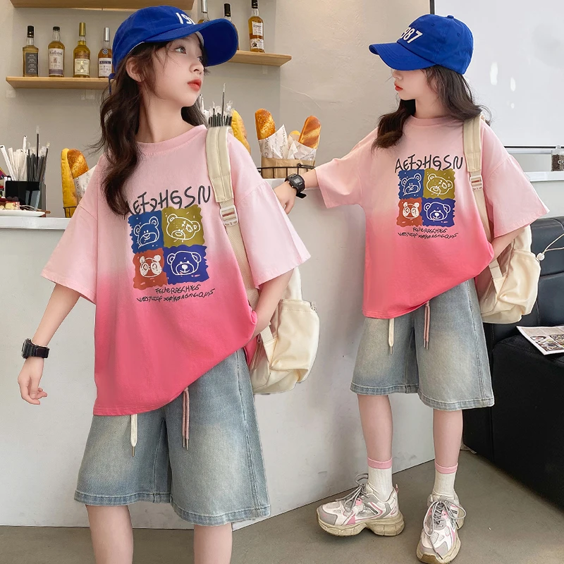 女童夏季套装新款女大童印花渐变短袖牛仔短裤两件女宝宝夏季套装