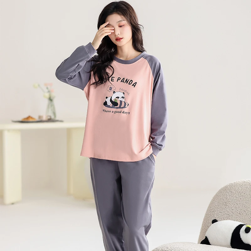 长袖双面德绒女士睡衣家居服套装春秋季圆领睡衣套装