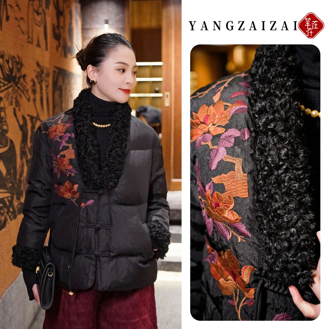 羊在在民族风加厚刺绣羽绒服新中式国风流苏上衣白鸭绒外套WX149