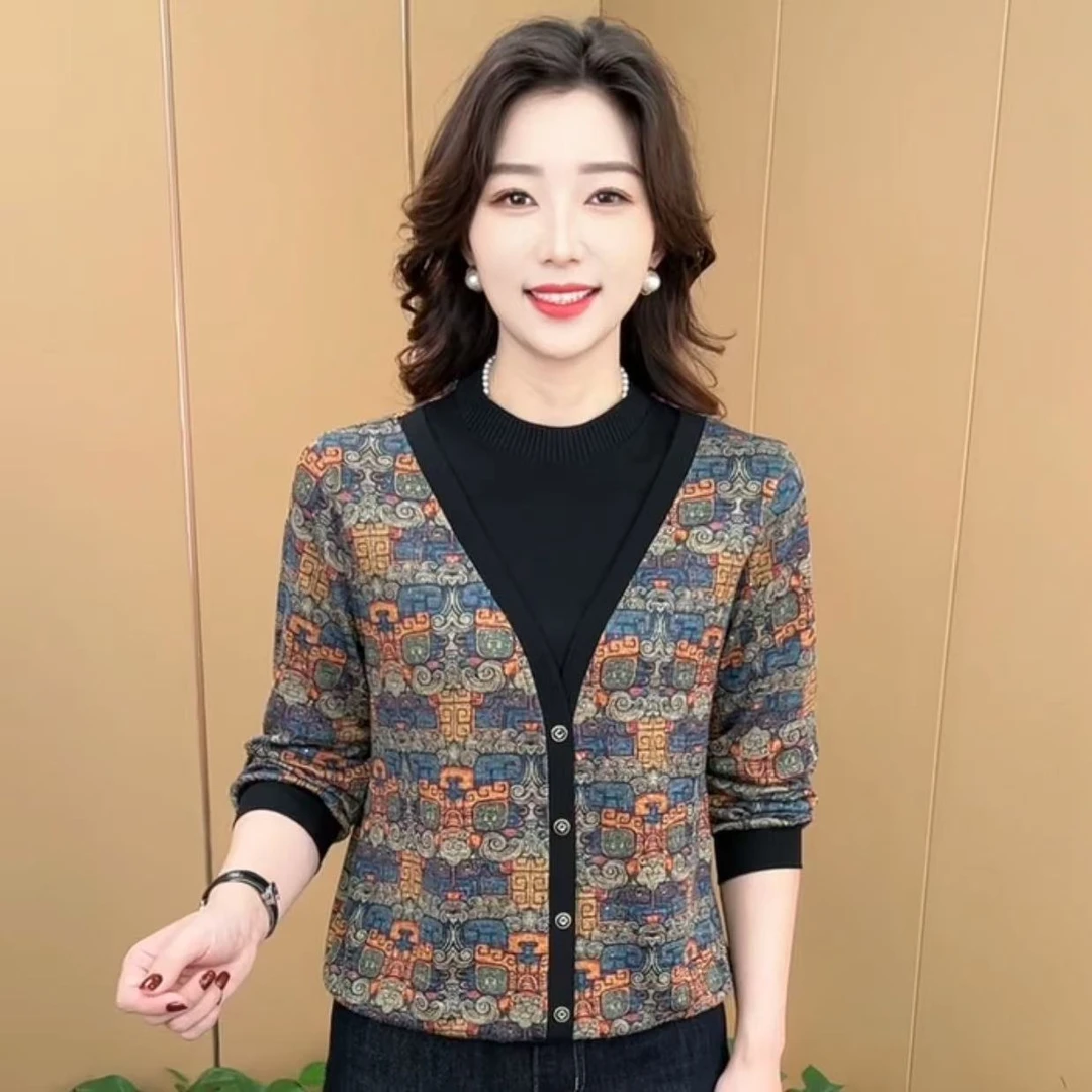 秋季新款时尚圆领假两件洋气妈妈装百搭休闲减龄长袖上衣K592