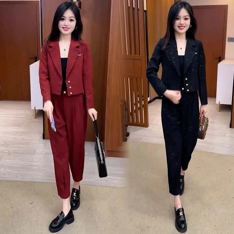 时尚西装套装女2025春季新款时髦洋气细闪短款西服哈伦裤两件套潮