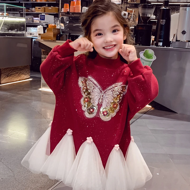 【现货】米米哈罗女童冬款加绒立体珠花蝴蝶卫衣裙连衣裙D240344