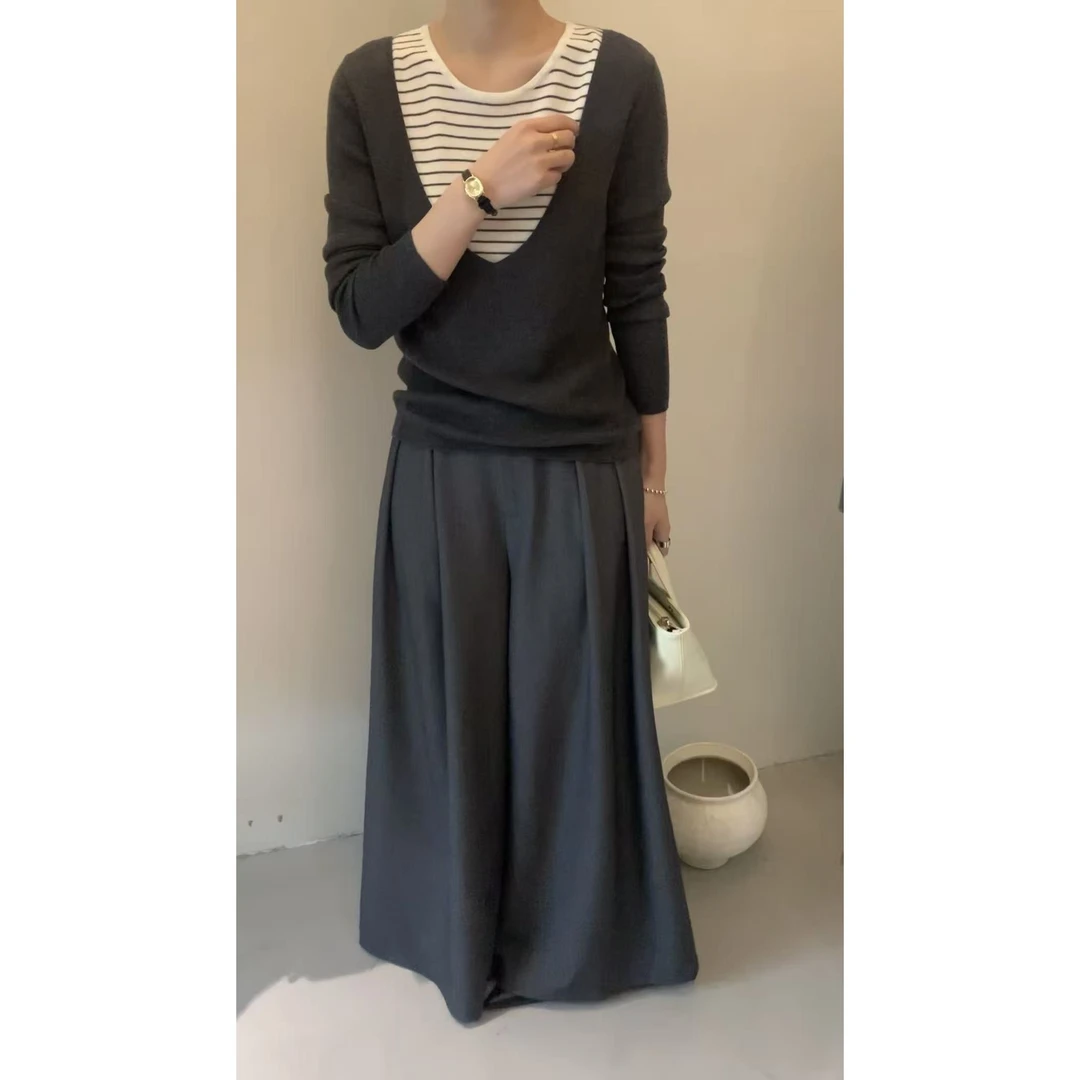 L-8858#MEETSONIA#『6%丝光羊毛』韩系设计感条纹撞色假两件上衣