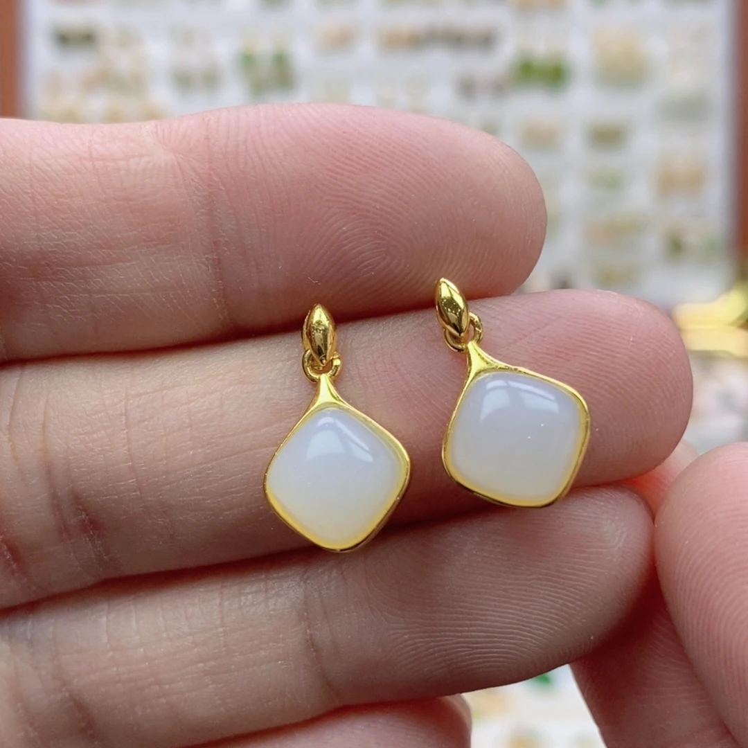 和田玉银S925镶嵌耳饰