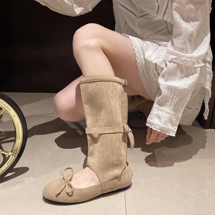 小众设计蝴蝶结镂空凉靴女2025新款夏季长筒靴平底夹趾罗马鞋