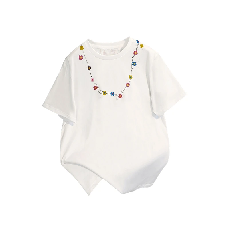 她池2025夏装新款女清新宽松圆领套头休闲短袖印花T恤T52B1795TB