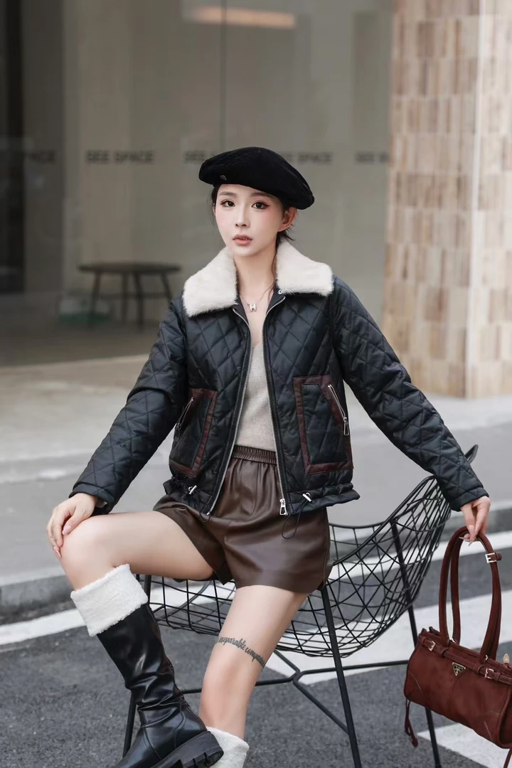 皮衣外套女短款2024年季冬新款加绒加厚修身百搭毛领皮棉衣7917