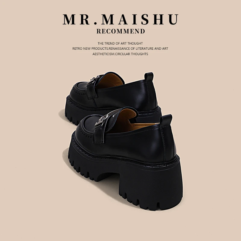 MR.MAISHU~头层牛皮真皮通勤工作乐福鞋女款厚底增高春秋款小皮鞋