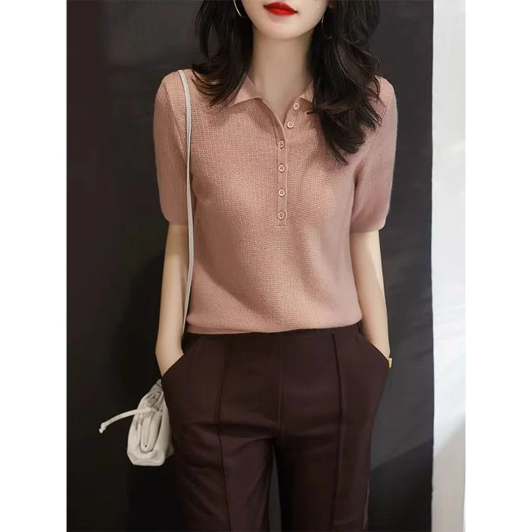 粉红色POLO领纽扣设计五分袖针织衫2025秋季新款女装修身打底上衣