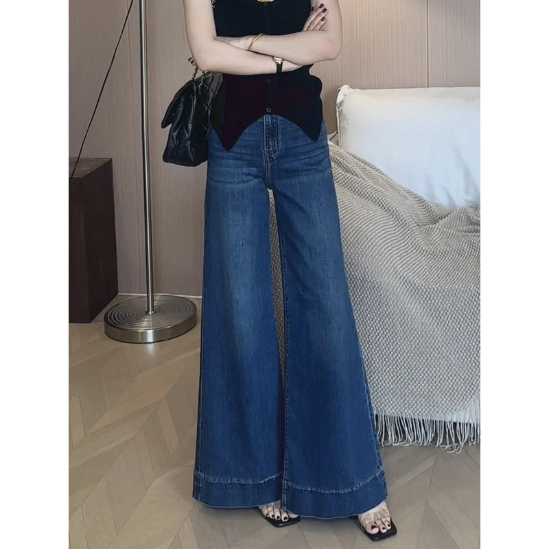 高腰阔腿微喇牛仔裤女秋季薄款2025新款港风复古不贴腿喇叭拖地裤