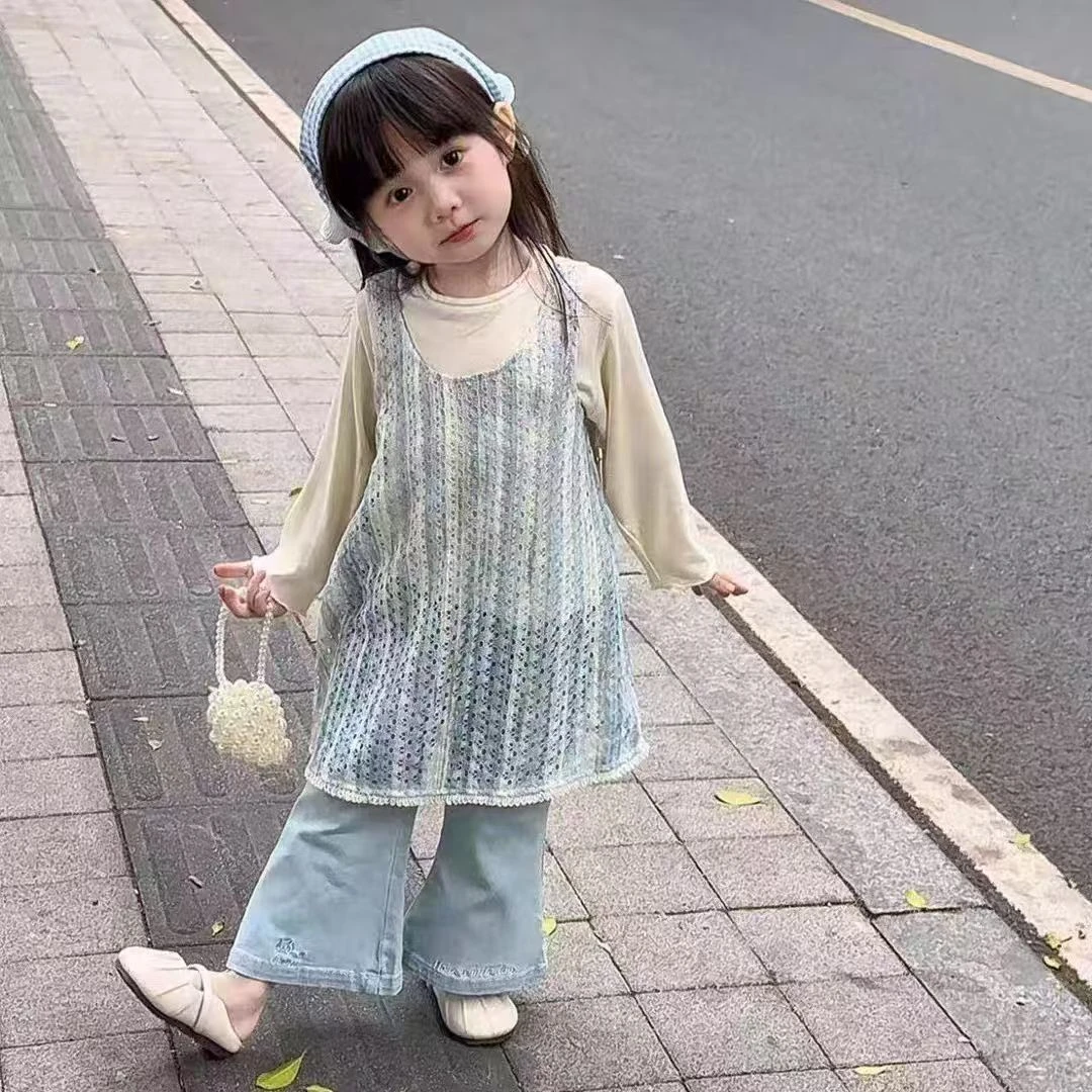 女童背心裙套装2025春季新款儿童时髦吊带裙上衣女宝牛仔裤三件套