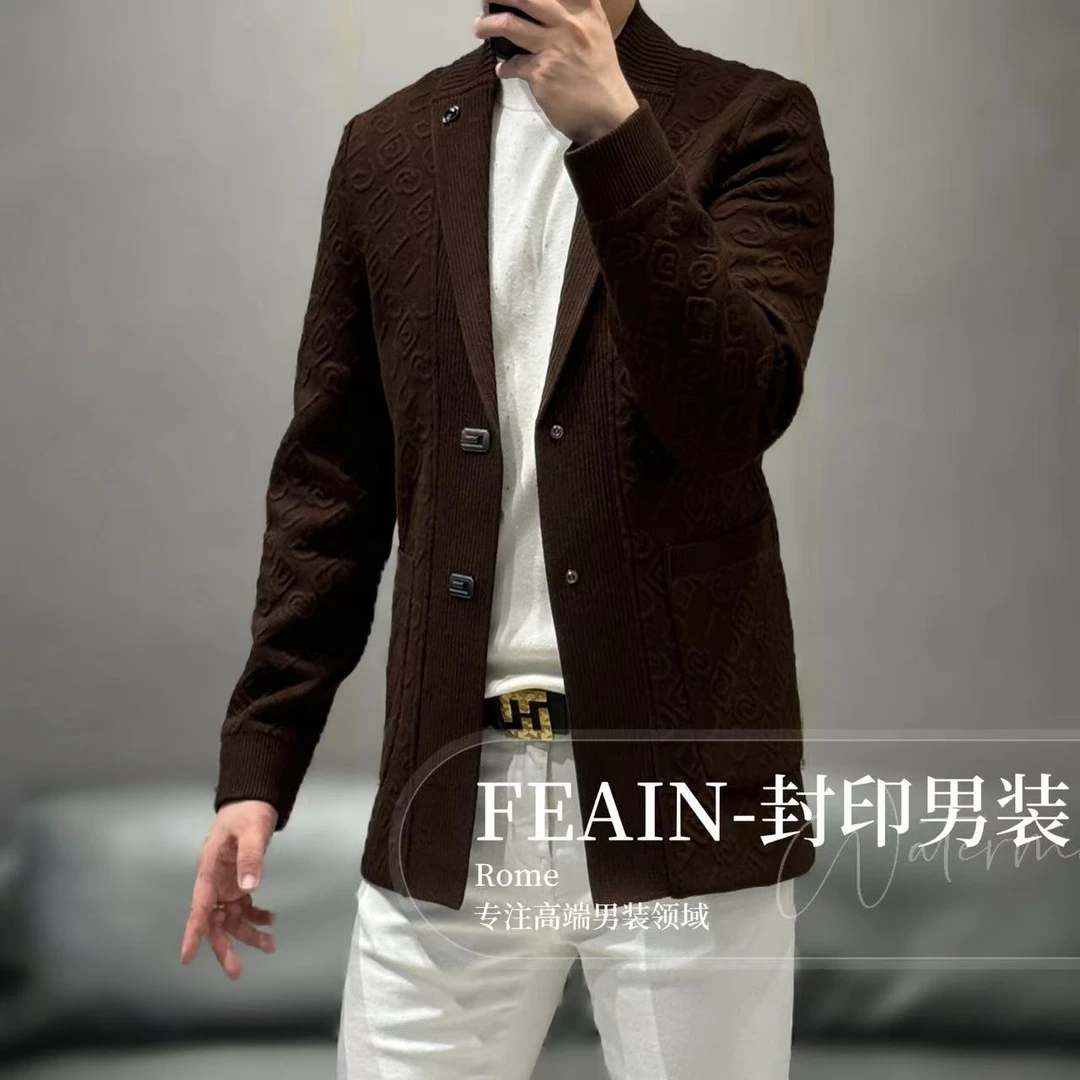【FEAIN品牌】高端定制男士全立体浮雕提花一手长针织西装8099