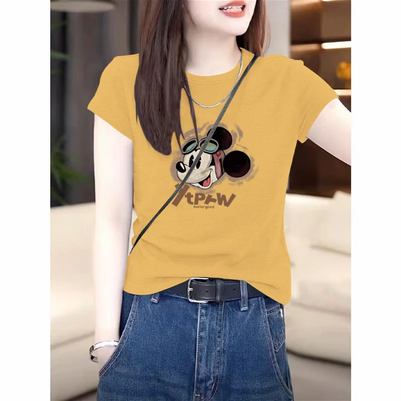 2025新款夏季正肩圆领短袖显瘦纯棉上衣时尚洋气百搭减龄t恤女装