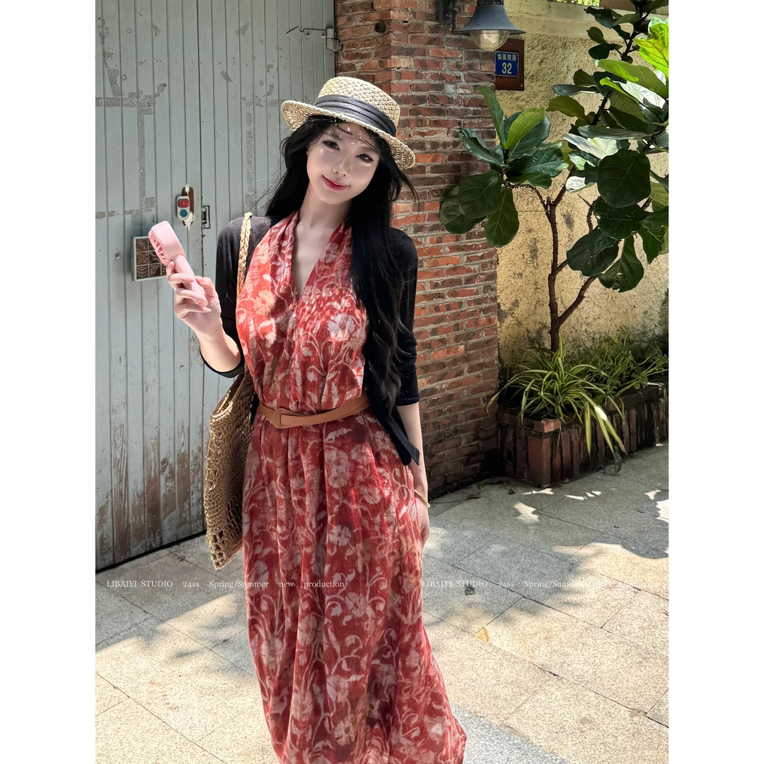 LIBAIYI 亚麻•山野柔风/夏季印花宽松慵懒显白配腰带连衣裙1735