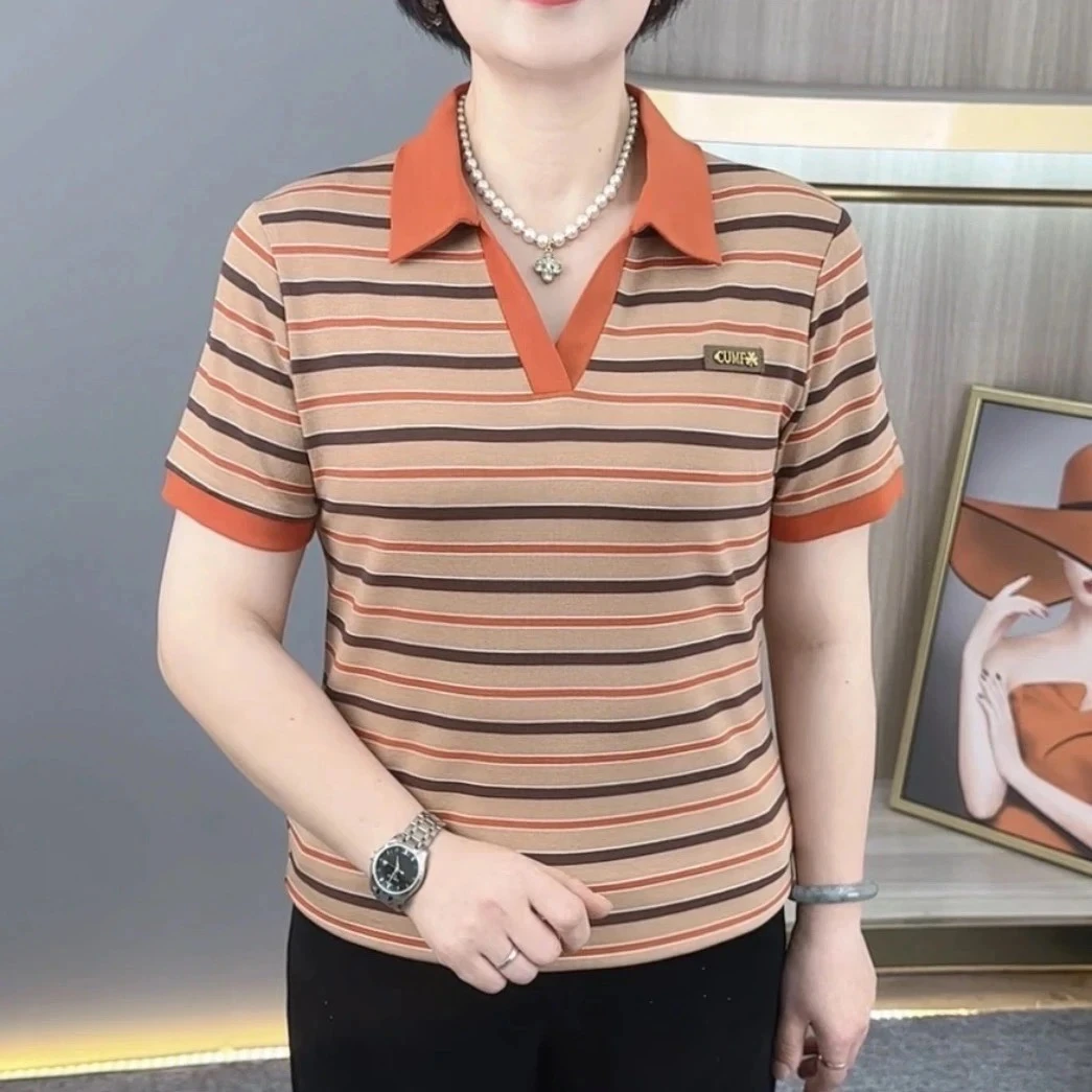 2025夏季新款条纹遮肚短袖T恤夏季潮流女士宽松百搭休闲减龄