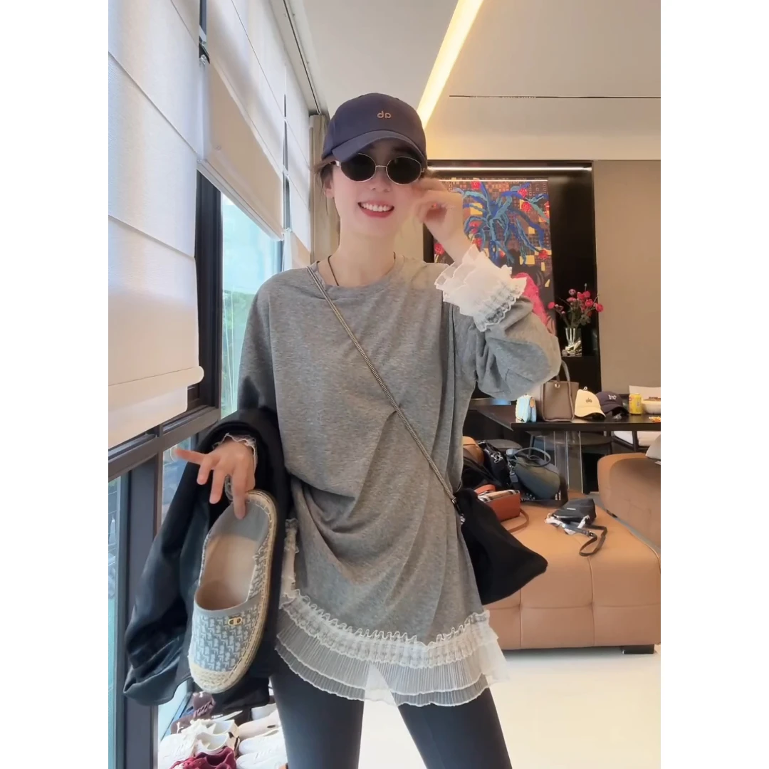 徐靖靖【心动讯号】蕾丝长袖T恤女上衣韩版宽松显瘦洋气出游2502231