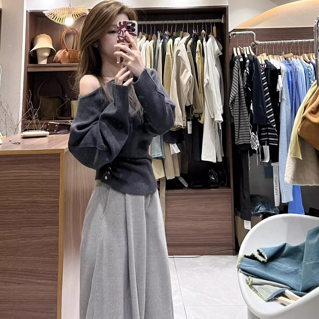 2025新款秋冬季韩系露肩套头针织毛衣女慵懒风外穿修身打底衫上衣