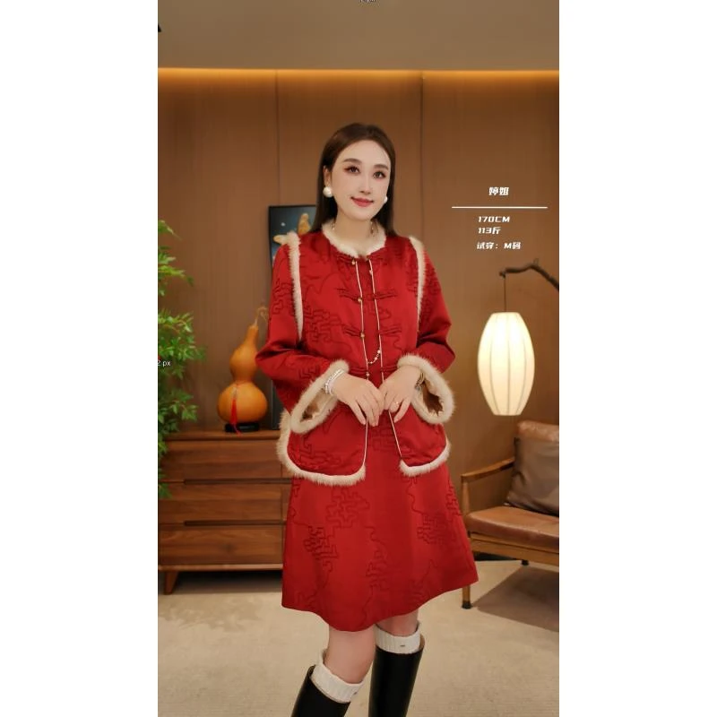 【鸿运当头】喜庆红色冬季新款织锦缎加棉水貂毛中式国风马甲T929