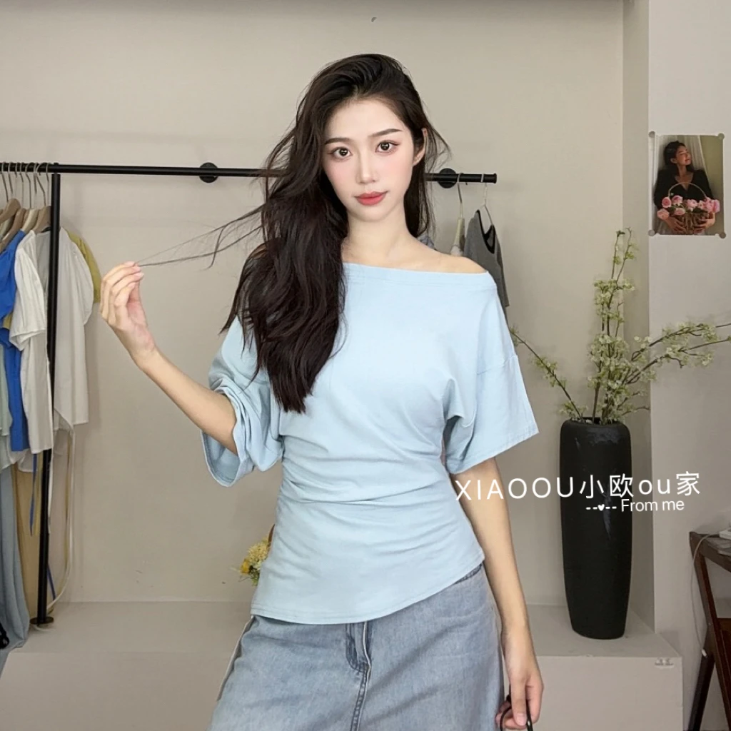 不规则修身显瘦斜肩短袖T恤女夏季纯欲风百搭上衣