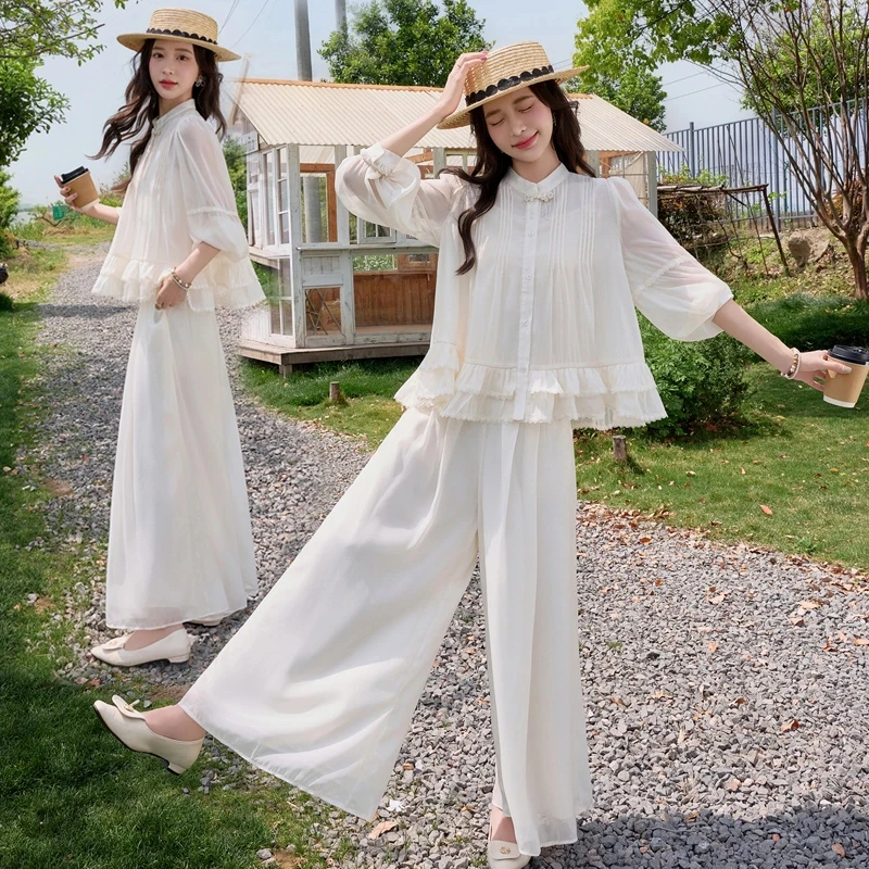新中式国风阔腿裤套装女2025夏季新款高级感洋气减龄防晒衫两件套