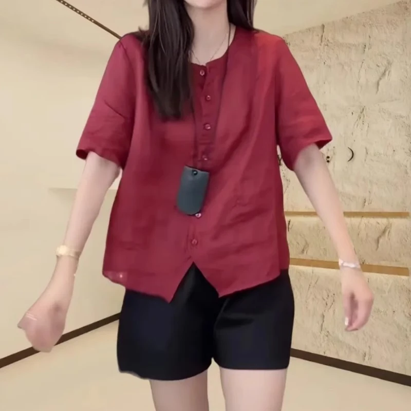 法式轻奢高级感圆领衬衫夏季薄款胖MM大码女装设计感宽松显瘦上衣