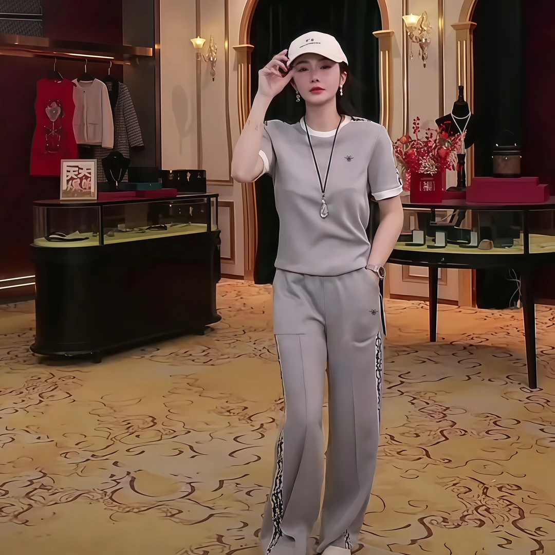 2025夏季新款织带拼接短袖阔腿裤两件套女休闲运动时尚显瘦套装女