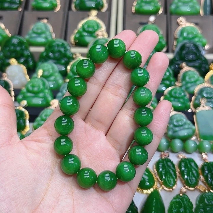 和田玉（碧玉）手串未镶嵌12m阳绿单圈