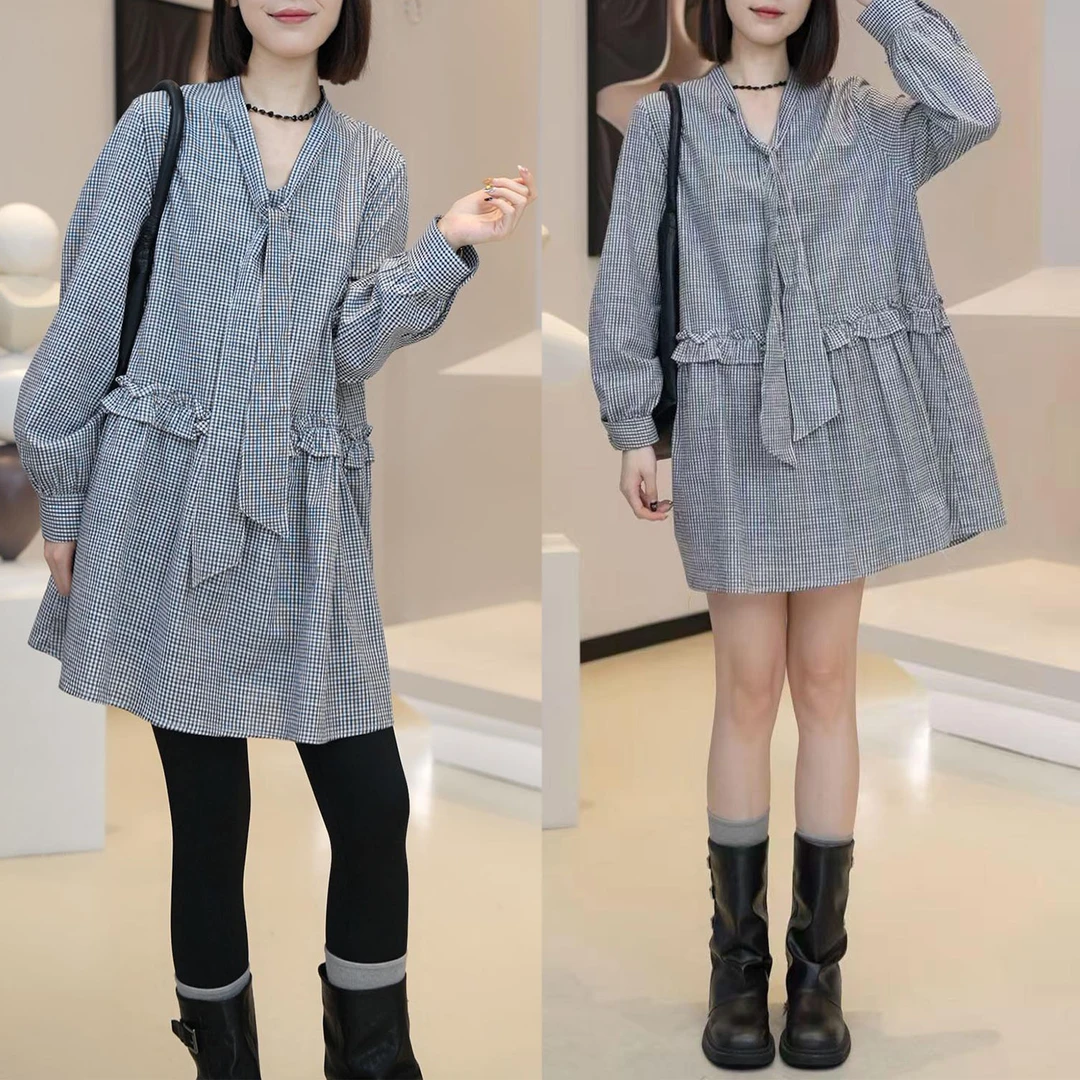 时尚高级感百搭通勤衬衫裙女2025秋季新款洋气显瘦V领格纹连衣裙