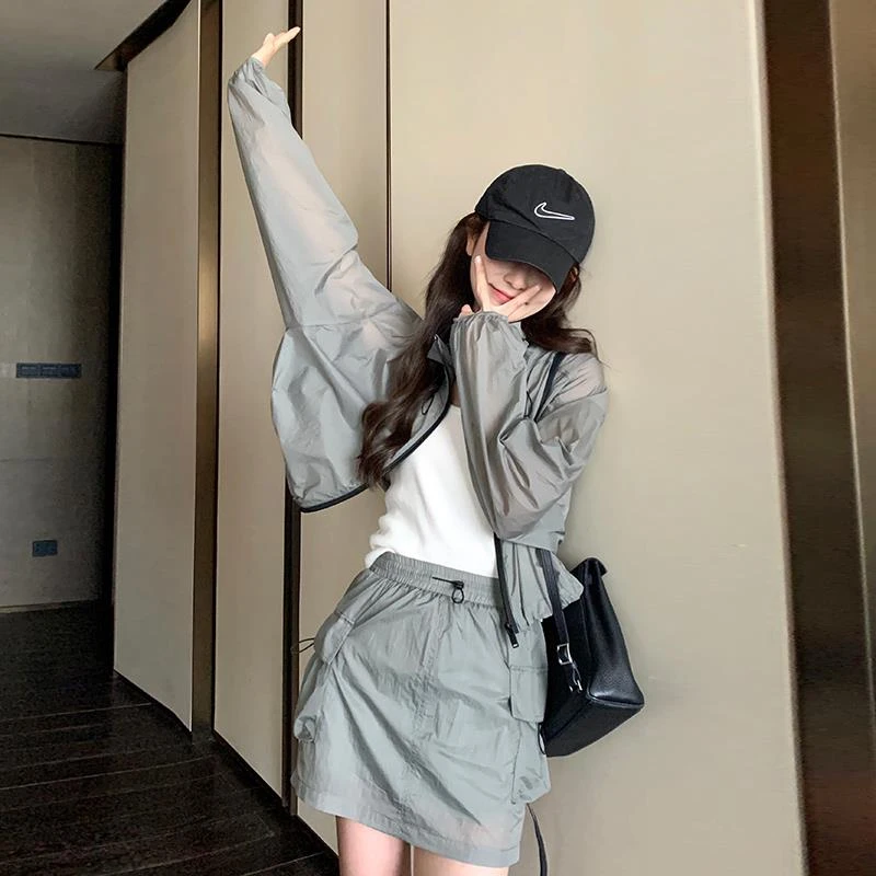 韩版时尚立领防晒外套套装女2025夏季新款显瘦工装短裙两件套