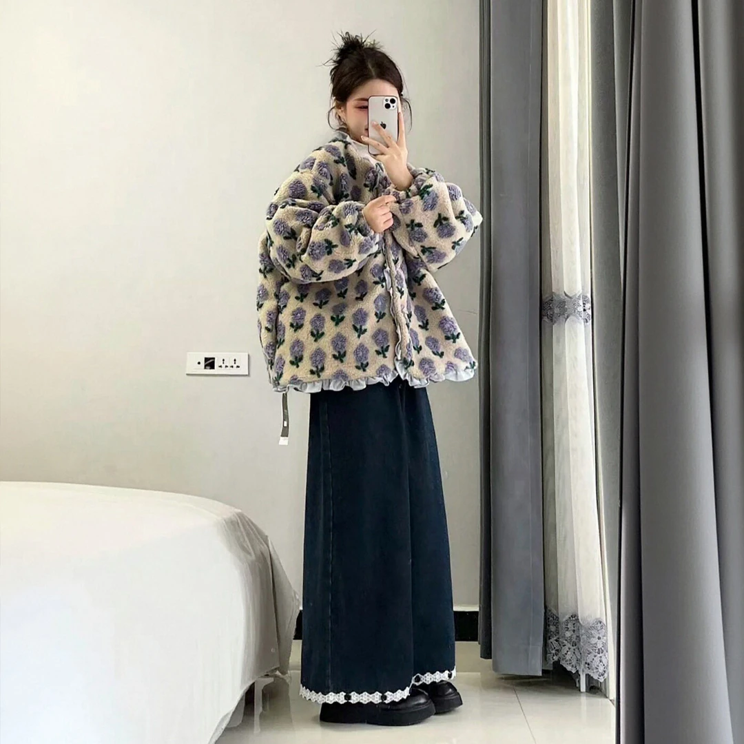 2025秋冬新款韩系穿搭加厚保暖毛绒外套女搭配休闲裤显瘦两件套潮