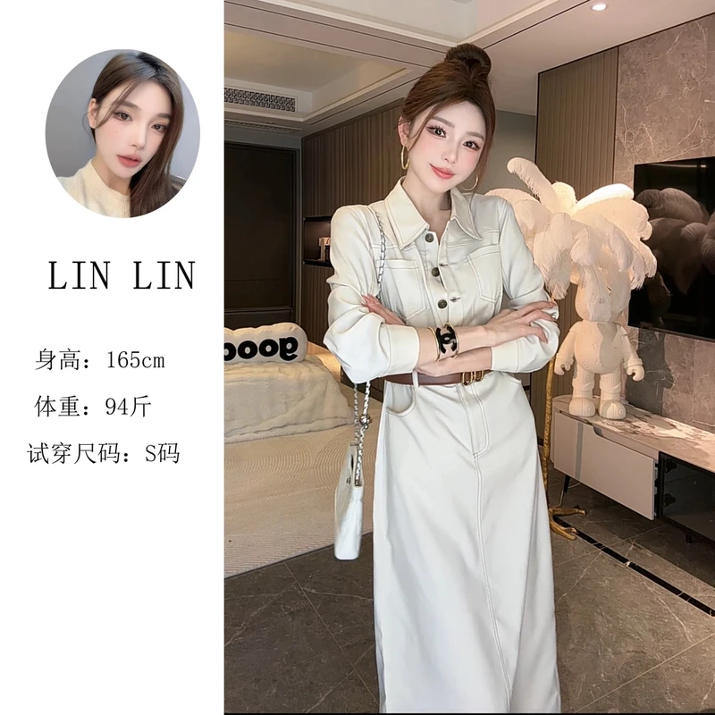 2025新款法式复古长袖连衣裙女慵懒风气质收腰工装长裙子2808