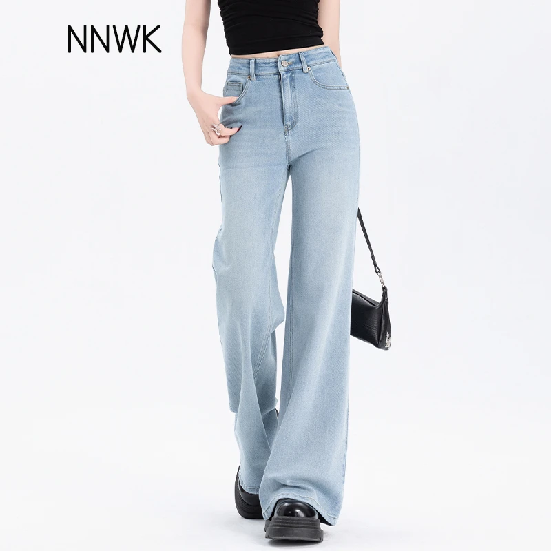 天空蓝阔腿牛仔裤女士2025年春秋新款高腰窄版宽松直筒拖地长裤子