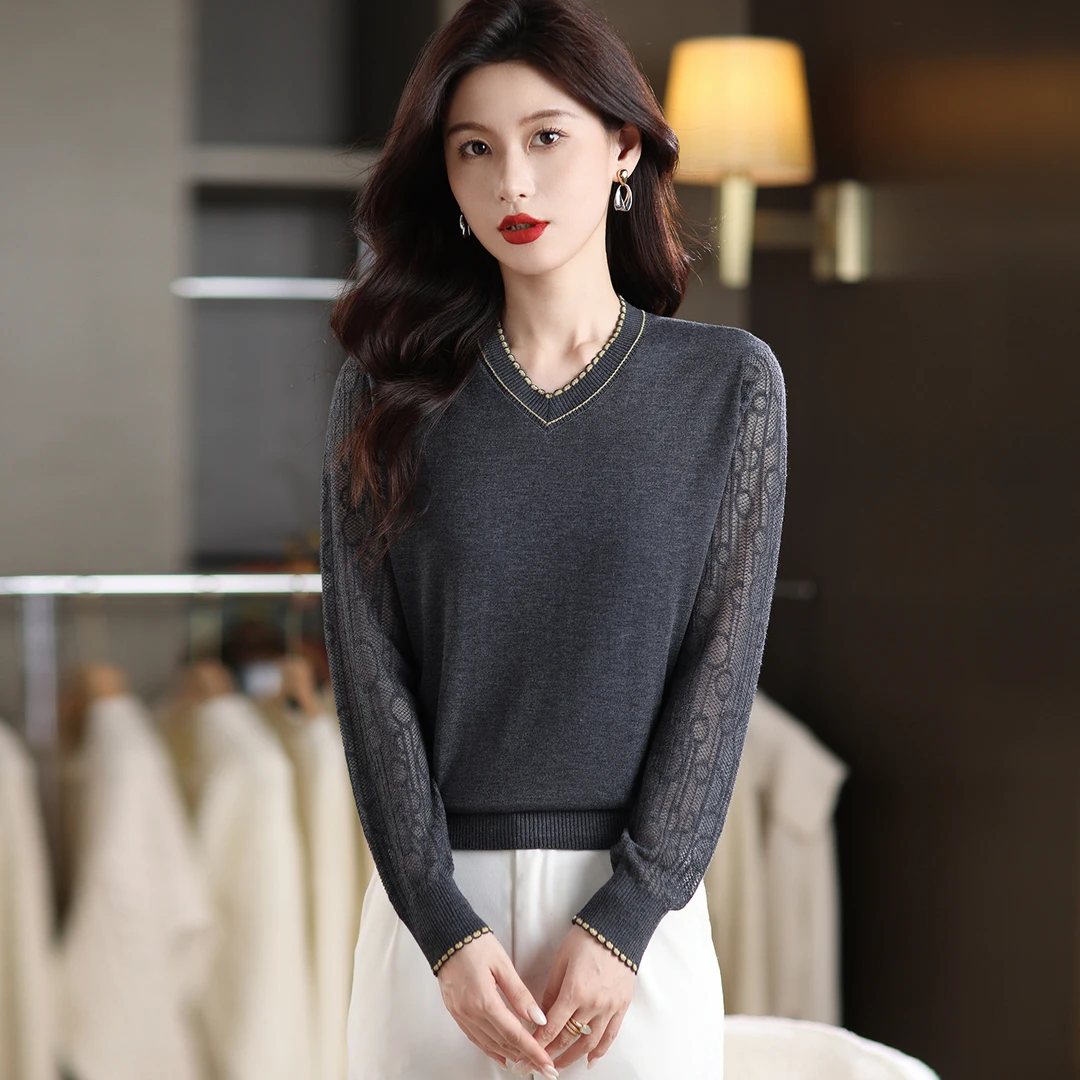v领长袖打底衫女装秋季2025新款镂空针织衫早秋薄款毛衣内搭上衣