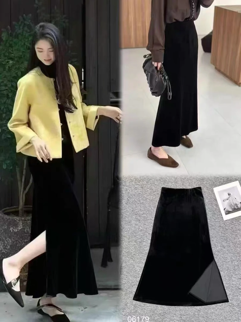 06179新款斜裁修身显瘦松紧腰鱼尾包臀开叉半身裙