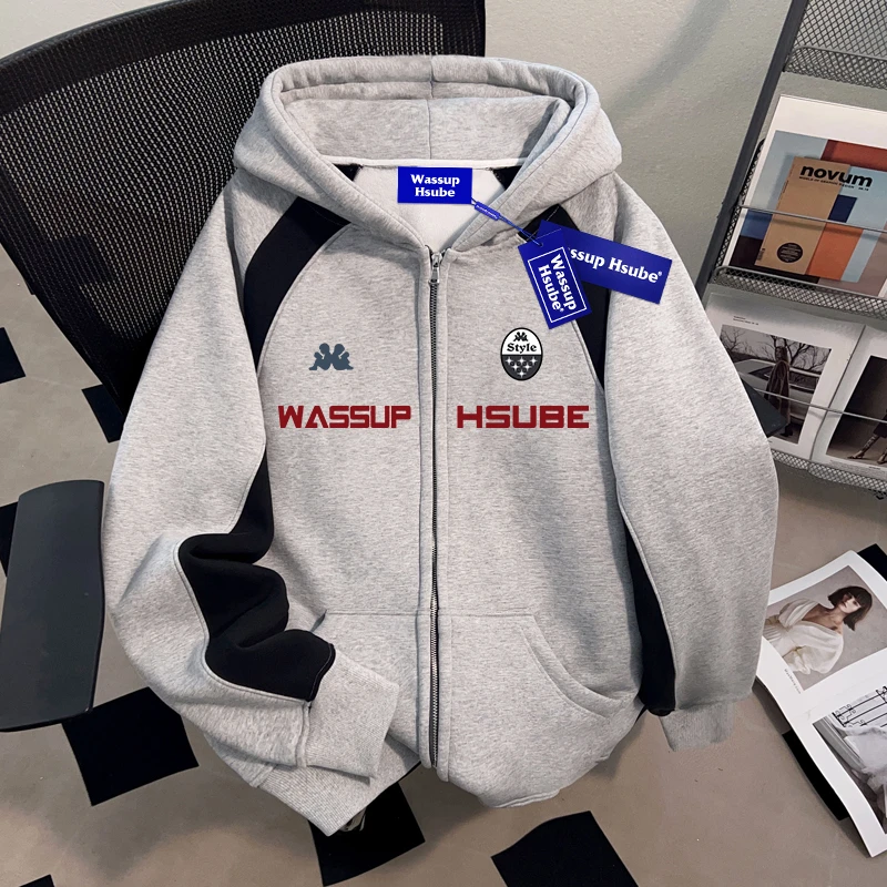 WASSUP HSUBE设计感拼接潮酷连帽开衫卫衣男士高街oversize外套潮