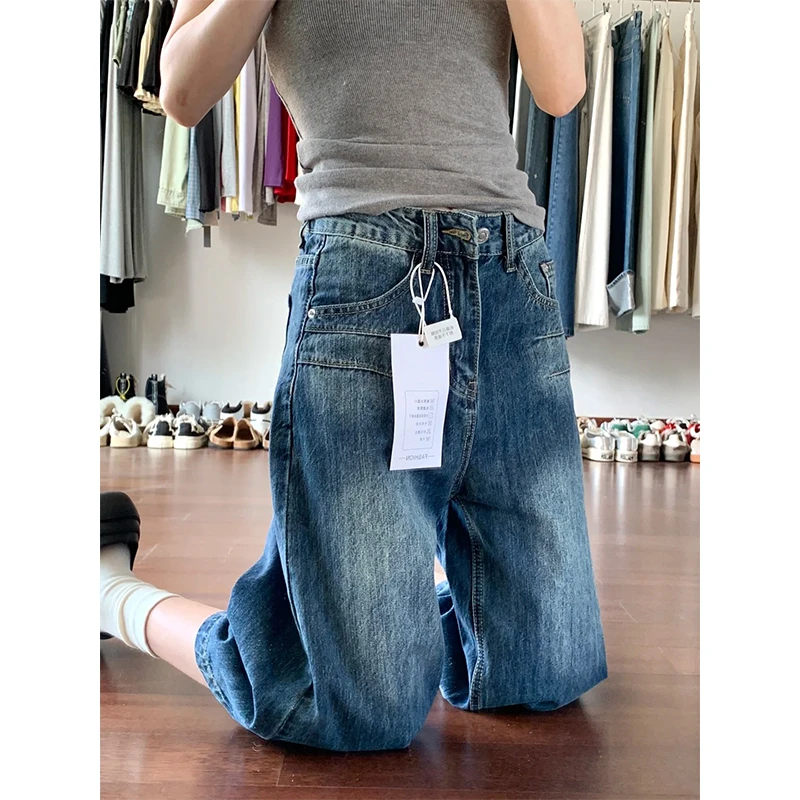 深蓝色七分牛仔裤女夏季2025薄款复古直筒宽松显瘦百搭阔腿中裤子
